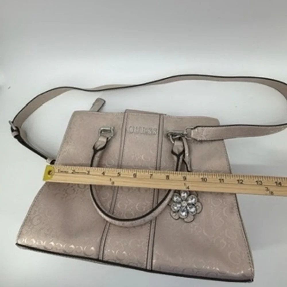 Guess Metallic Champagne Logo Satchel‎ Crossbody Handbag with Flower Charm